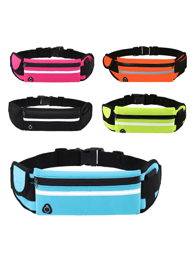 Unisex sports waist bag for running, cycling in vibrant colors: pink, orange, black, green, blue. Waterproof and adjustable.