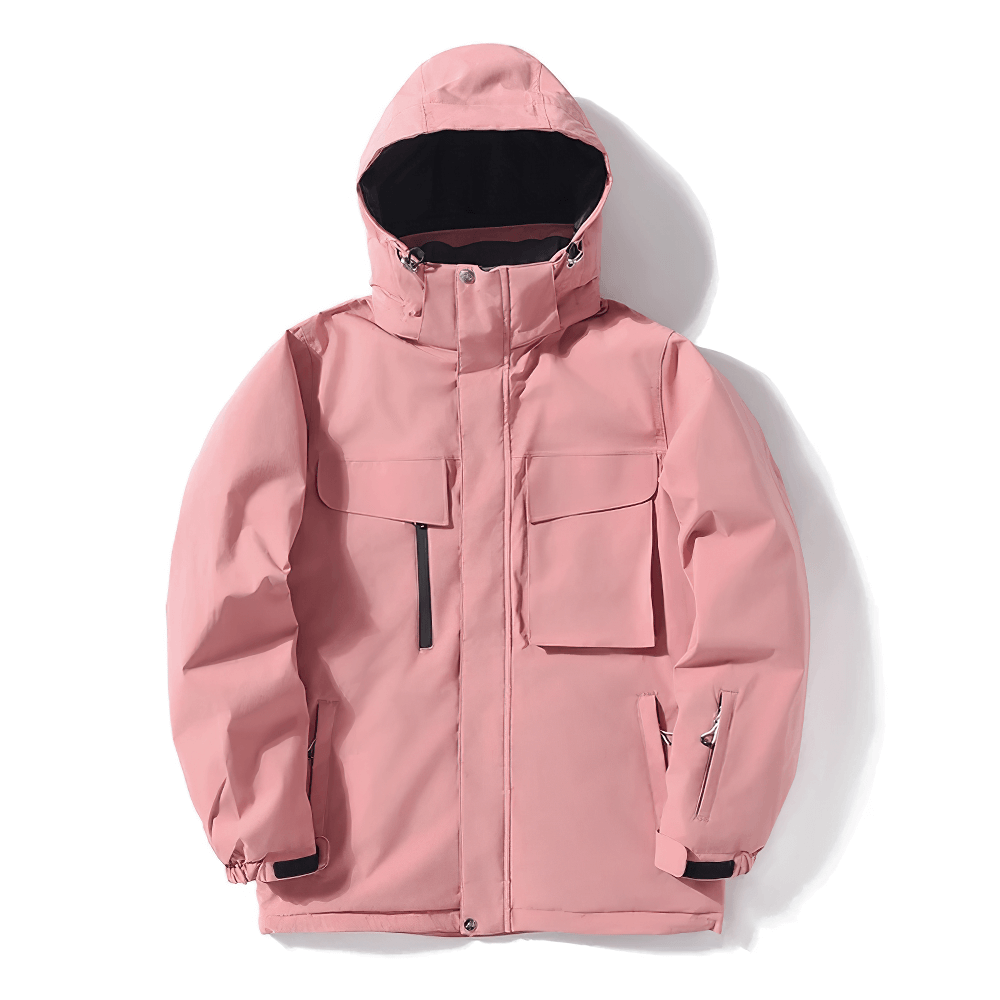 Pink waterproof unisex ski jacket with hood, windproof and breathable, featuring utility pockets, perfect for outdoor adventures.