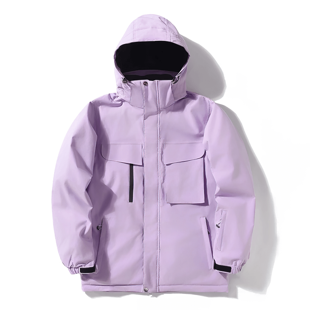 Unisex Waterproof Breathable Ski Jacket SF2563 in Lavender, featuring a hooded design with windproof technology and multiple utility pockets.