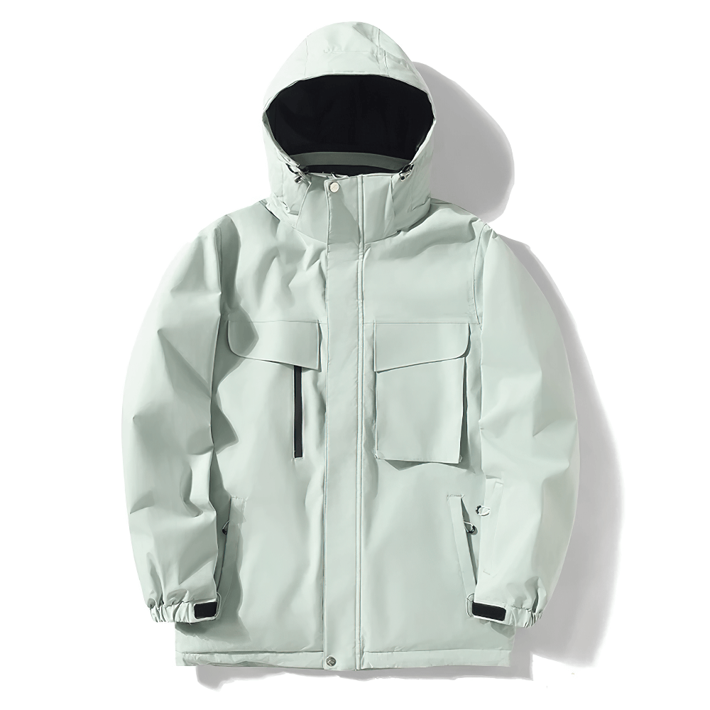 Unisex Waterproof Breathable Skiing Jacket SF2563 in Light Gray with Hood and Multiple Pockets for Skiing and Snowboarding