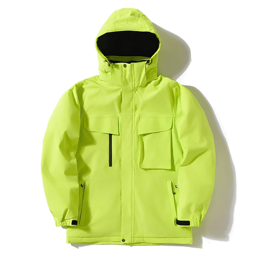 Bright yellow unisex ski jacket SF2563 with hood, windproof and waterproof, perfect for skiing and snowboarding.