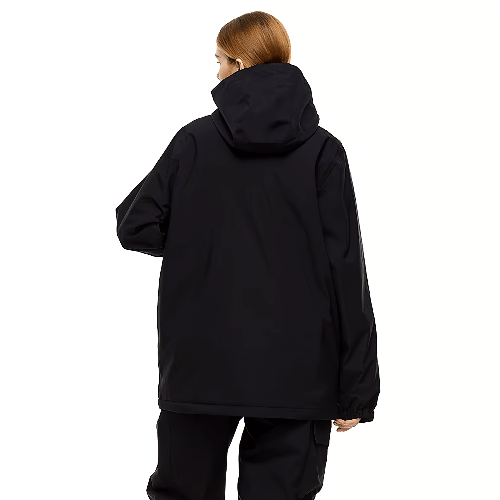 Rear view of a person wearing a black unisex waterproof breathable skiing jacket with hood, designed for windproof protection on slopes.