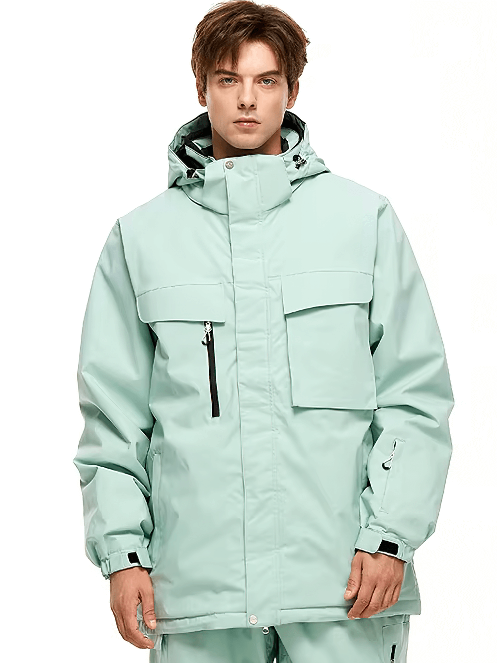 Unisex waterproof breathable skiing jacket in light blue with windproof hood and utility pockets for men's and women's outdoor adventures.