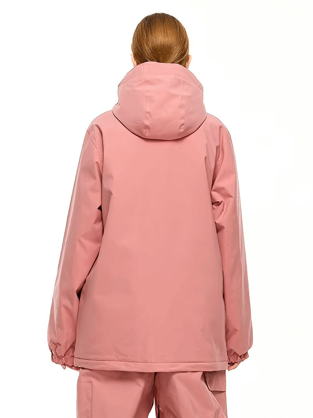 Unisex pink waterproof and windproof ski jacket with hood, showcasing the back design. Ideal for skiing and outdoor adventures.