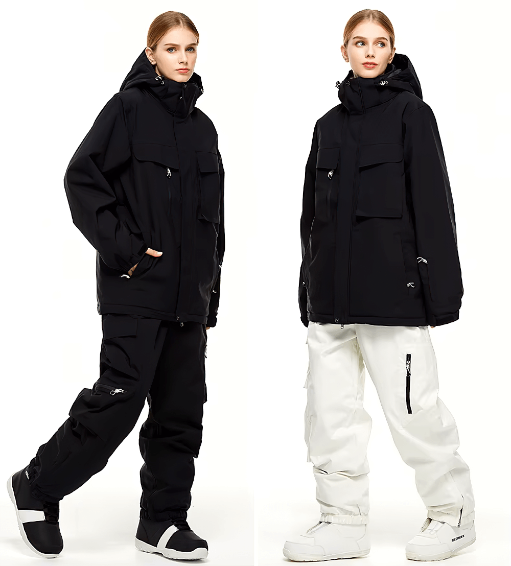 Unisex waterproof skiing jackets SF2563 in black and white, featuring windproof design and utility pockets for outdoor adventures.