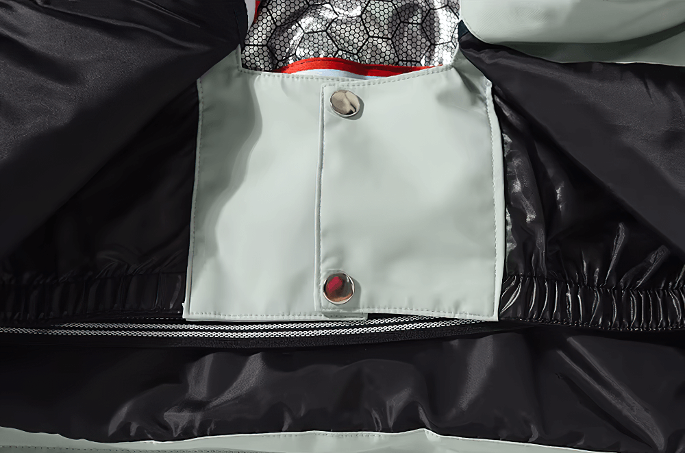 Interior view of unisex waterproof ski jacket SF2563, showing breathable and windproof design with multiple utility pockets.