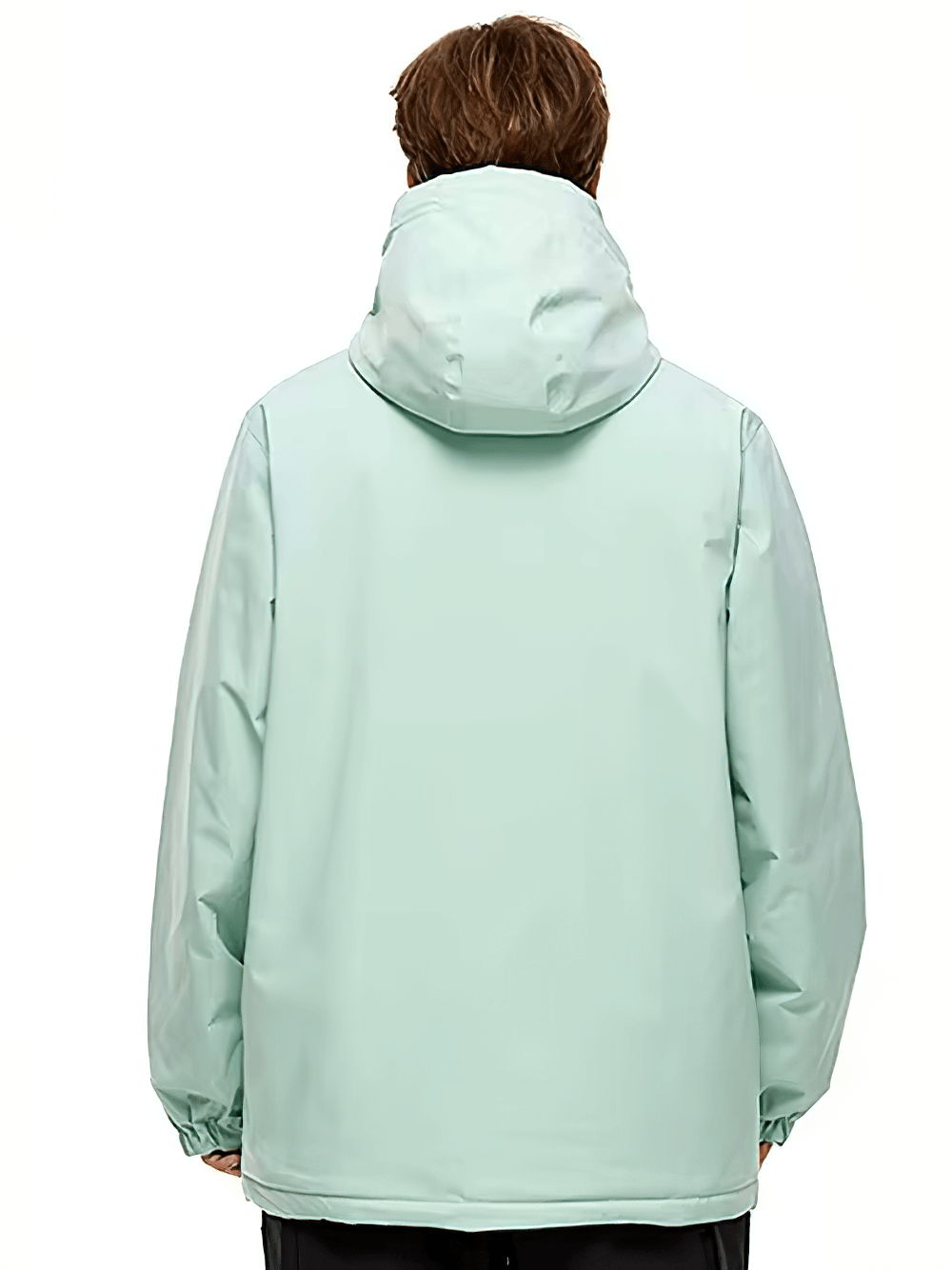 Back view of unisex waterproof skiing jacket SF2563, featuring windproof hooded design, in mint color for outdoor adventures.