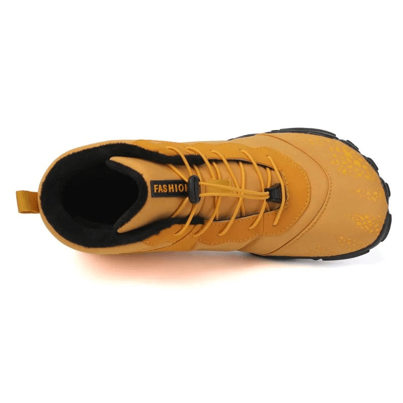 Top view of unisex waterproof hiking boots SF1920 with non-slip rubber outsole and elastic band closure for secure outdoor adventures.