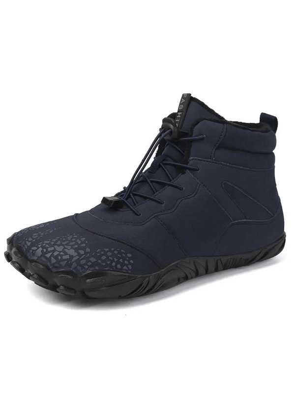 Sleek unisex waterproof hiking boot in navy, featuring non-slip rubber sole and elastic closure for secure fit, ideal for outdoor adventures.
