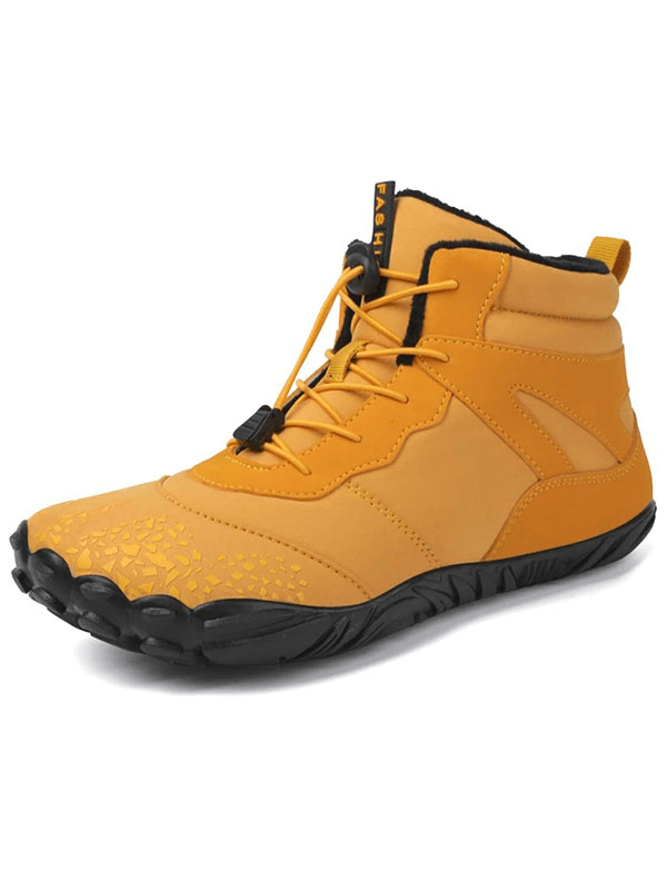 Yellow unisex waterproof hiking boot with non-slip rubber sole and elastic band closure, perfect for outdoor adventures.