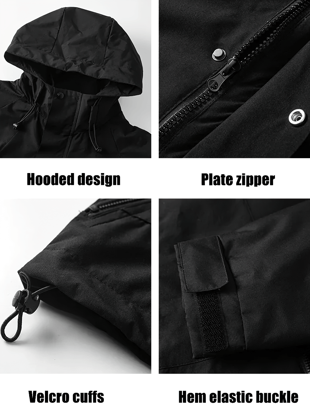 Unisex Waterproof Hiking Jacket with Windproof Hood - SF4726 features hooded design, plate zipper, velcro cuffs, and hem elastic buckle.