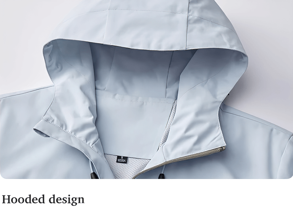 Close-up of hooded design on Unisex Waterproof Hiking Mountaineering Jacket - SF4205, showcasing wind and rain protection.