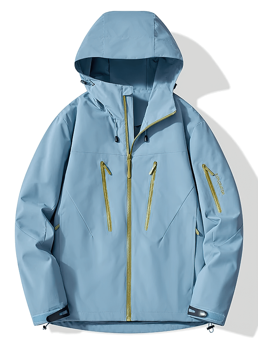 Unisex Waterproof Hiking Mountaineering Jacket - SF4205 in blue with yellow zippers, featuring adjustable hood and windproof design.