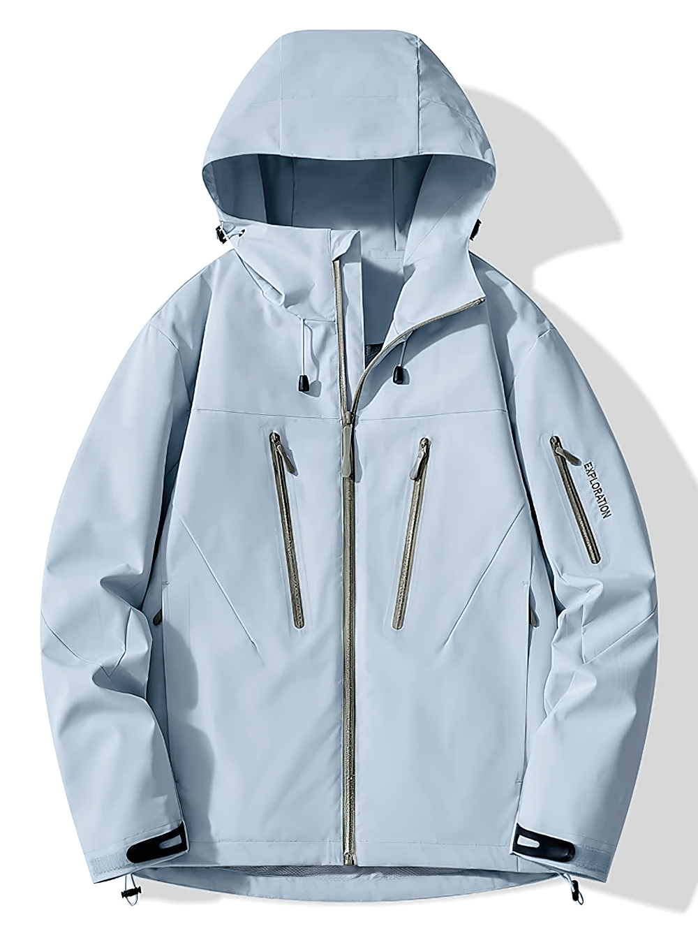 Unisex Waterproof Hiking Mountaineering Jacket - SF4205 in light blue with adjustable hood and zippered pockets, ideal for outdoor adventures.