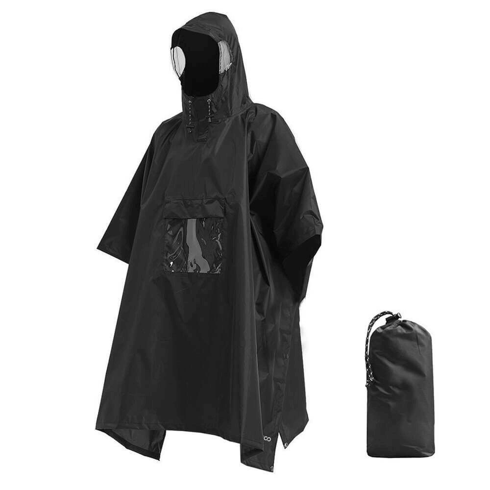 Unisex waterproof hooded raincoat-poncho in black with storage bag, perfect for outdoor activities and camping. SF0419 model.