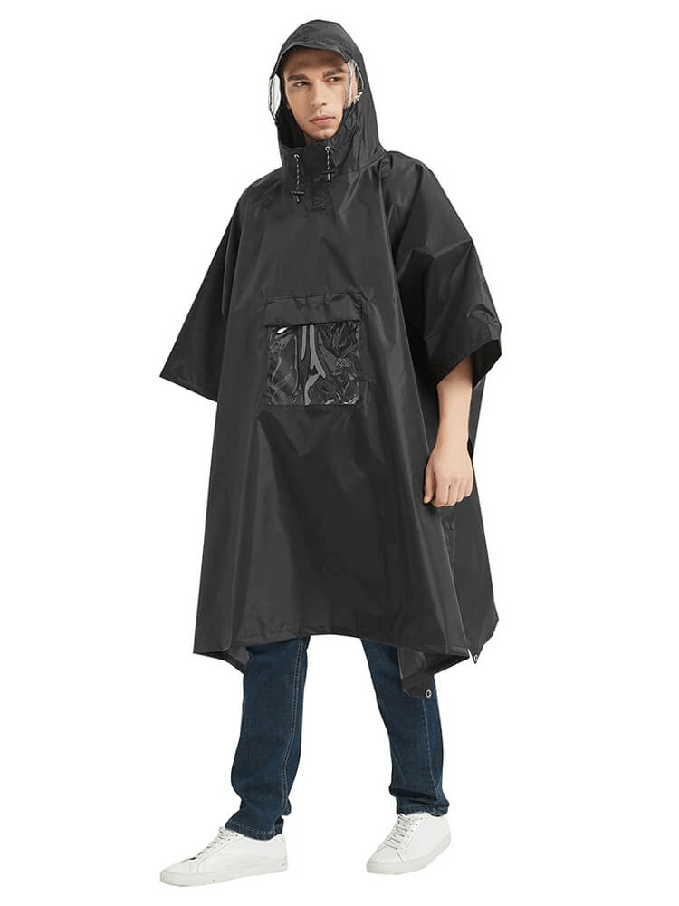 Unisex Waterproof Hooded Raincoat-Poncho SF0419 in black, showcasing lightweight design and full body coverage for camping and outdoor activities.