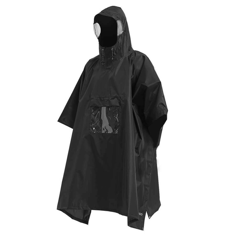 Unisex waterproof hooded raincoat-poncho SF0419 in classic black, perfect for camping and outdoor activities, featuring 100% waterproof polyester.