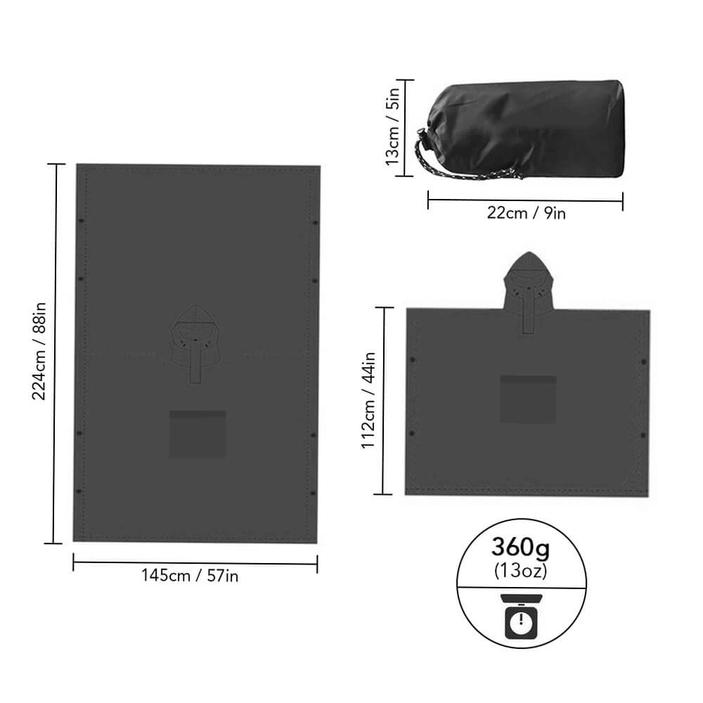 Dimensions and packaging of the unisex waterproof hooded raincoat-poncho SF0419, shown folded and in a compact 360g bag, classic black color.