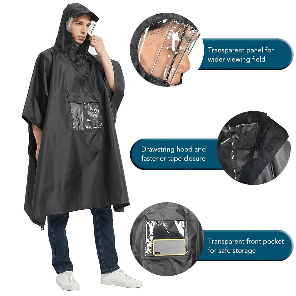 Unisex waterproof hooded raincoat-poncho with transparent panel, drawstring hood, and front pocket for outdoor activities.
