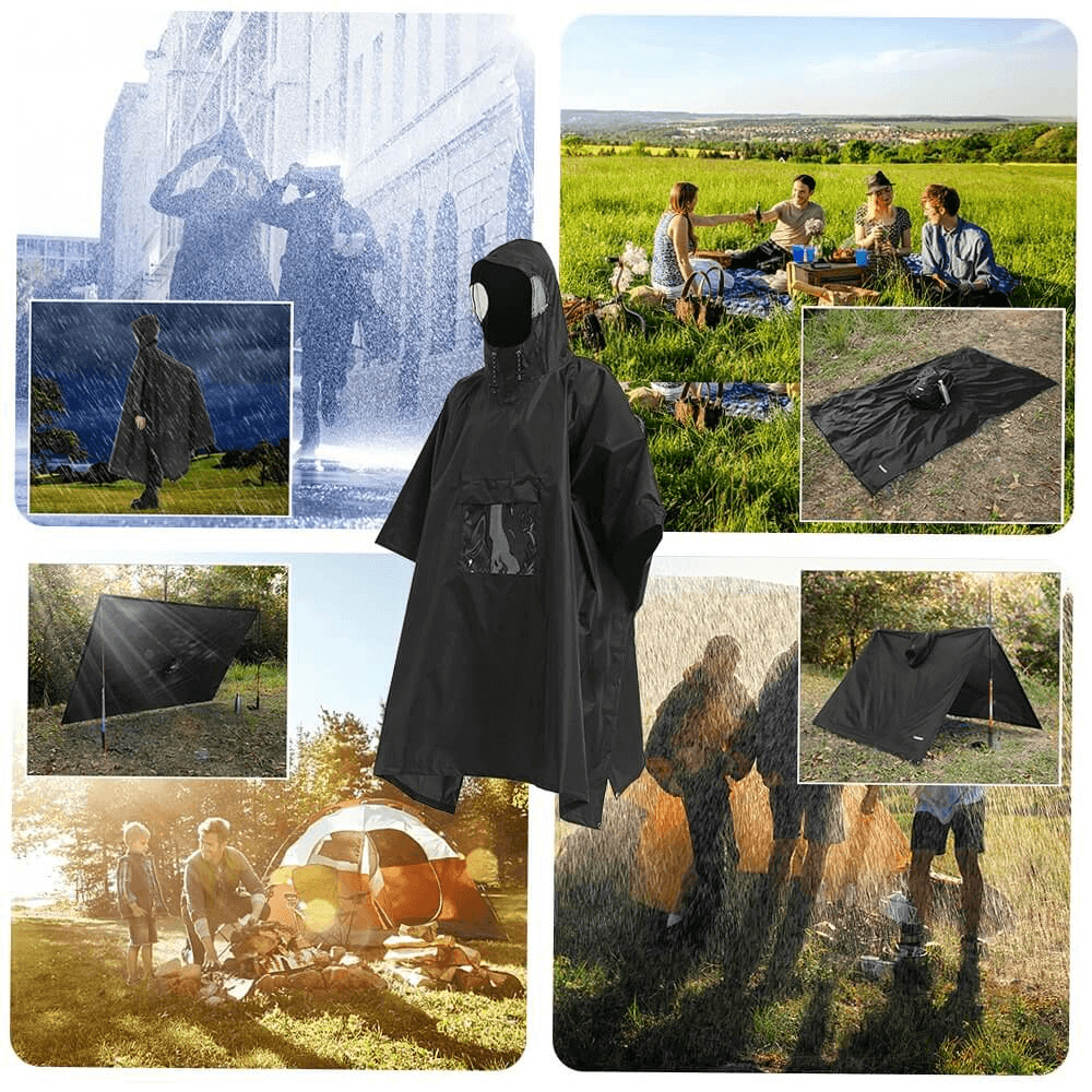 Unisex Waterproof Hooded Raincoat-Poncho SF0419 in black, perfect for rainy outdoor activities like camping and hiking, with multiple uses shown.