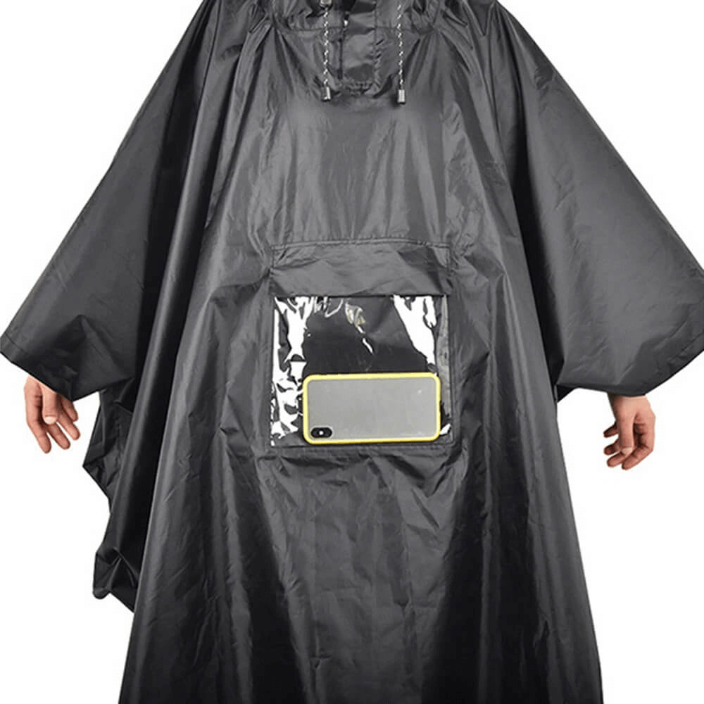 Unisex Waterproof Hooded Raincoat-Poncho in black, featuring a transparent pocket - Perfect for outdoor adventures, style SF0419.