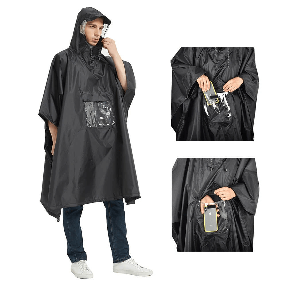 Unisex black waterproof hooded raincoat-poncho with convenient front pocket, ideal for outdoor activities and rain protection.