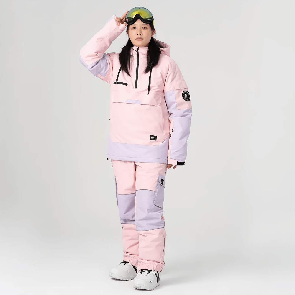Unisex Waterproof Ski Suit Set SF2257 in pink, featuring jacket and pants. Snowproof, breathable, ideal for extreme winter sports.