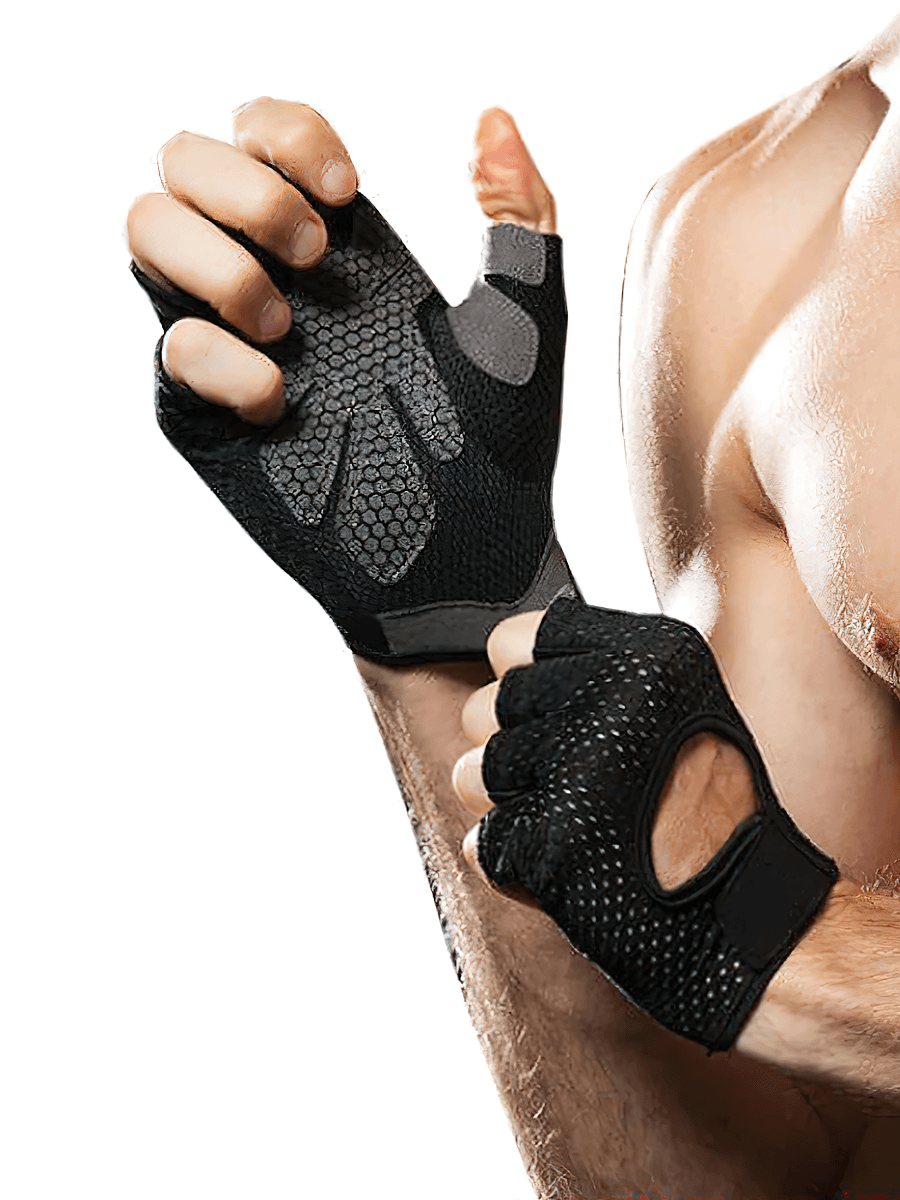 Person wearing unisex weight lifting gloves with breathable mesh, enhancing grip and comfort, perfect for intense workouts.