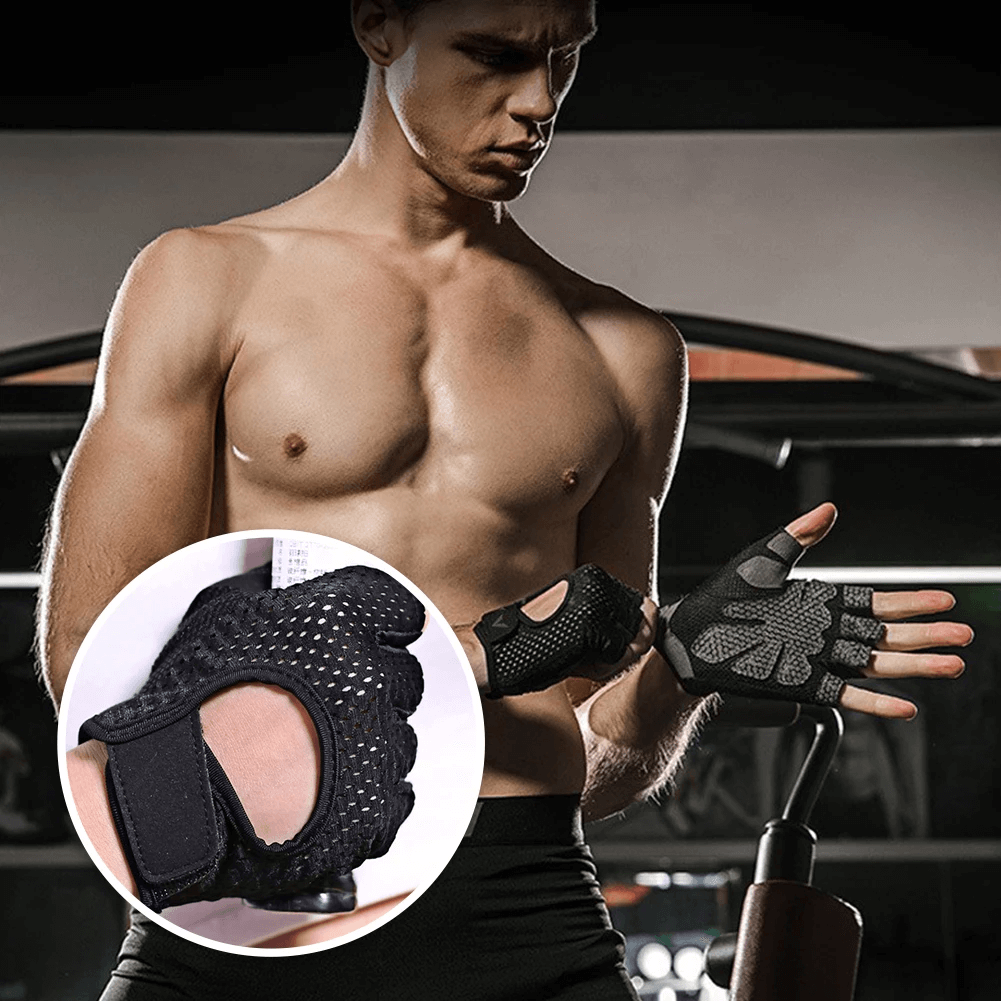 Man wearing unisex weight lifting gloves SF2188 with breathable mesh, designed for superior grip and comfort during workouts.