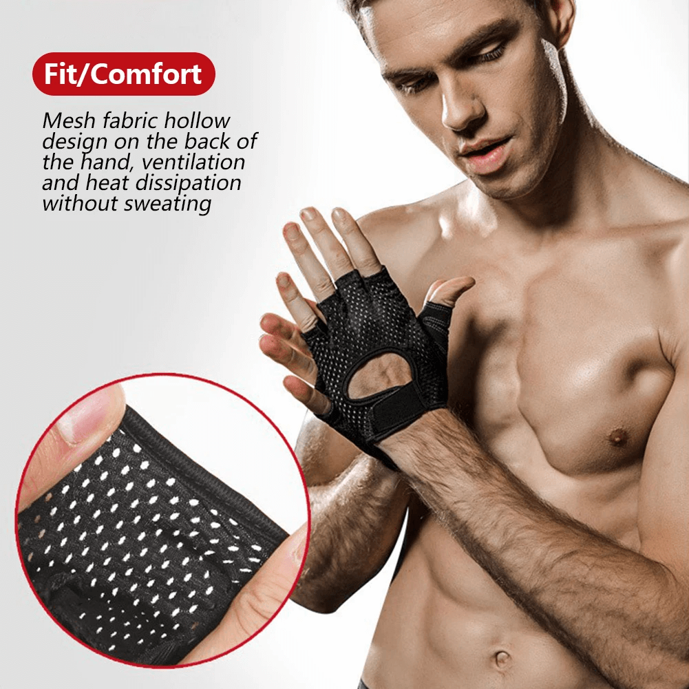 Man wearing weight lifting gloves with breathable mesh design, highlighting comfort and ventilation. Perfect for intense workouts.
