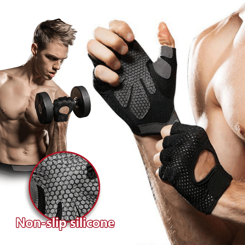 Man using unisex weight lifting gloves with breathable mesh, featuring non-slip silicone texture and enhanced grip for intense workouts.