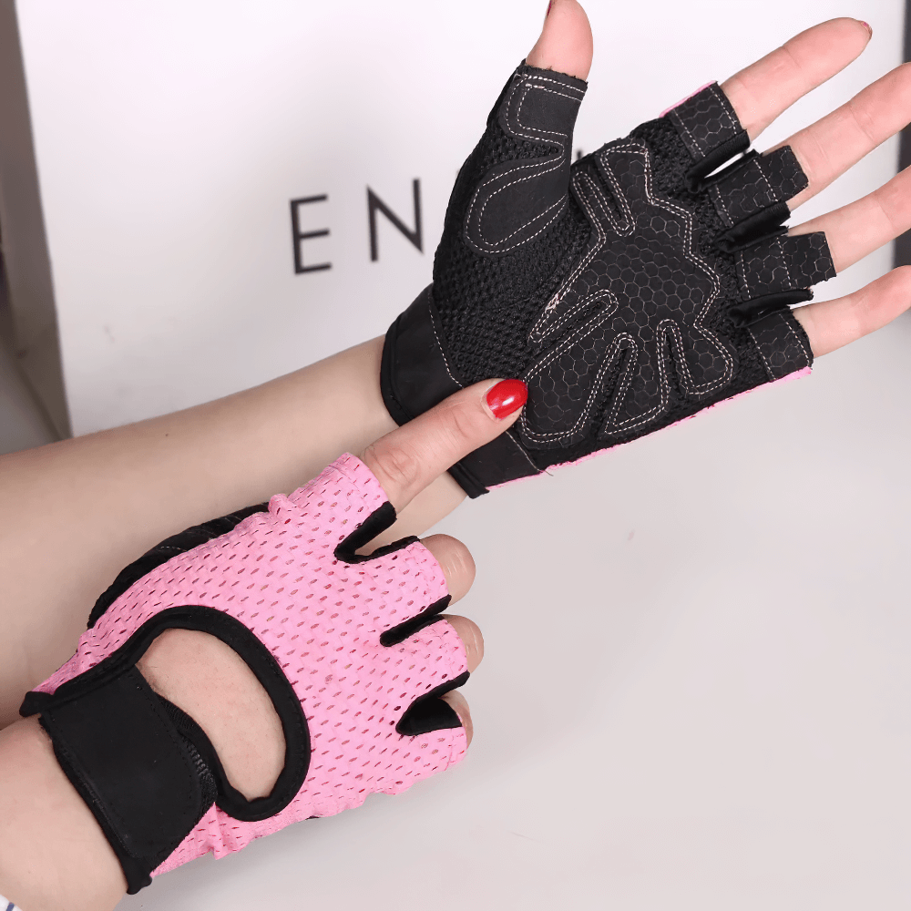Unisex weight lifting gloves SF2188 with breathable pink mesh and black grip palm, perfect for intense weight training sessions.