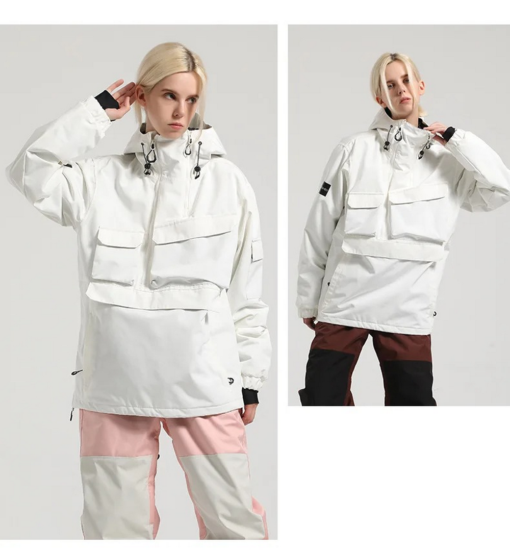 Unisex windproof and waterproof ski jackets SF2067 in white, designed for outdoor skiing and snowboarding, worn by model.