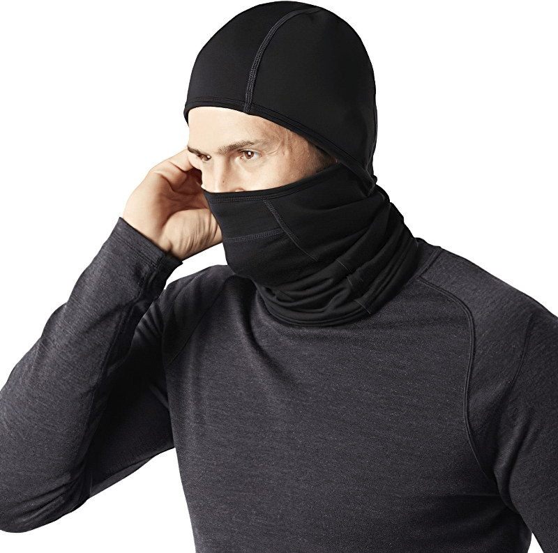 Unisex windproof wool balaclava worn by model, showcasing breathable design and thermal insulation, perfect for skiing and cold weather.