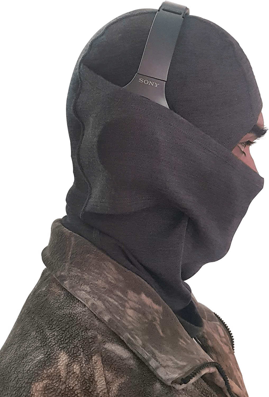 Unisex windproof breathable wool balaclava in dark color, worn with headphones, ideal for outdoor activities like skiing, model SF1469.