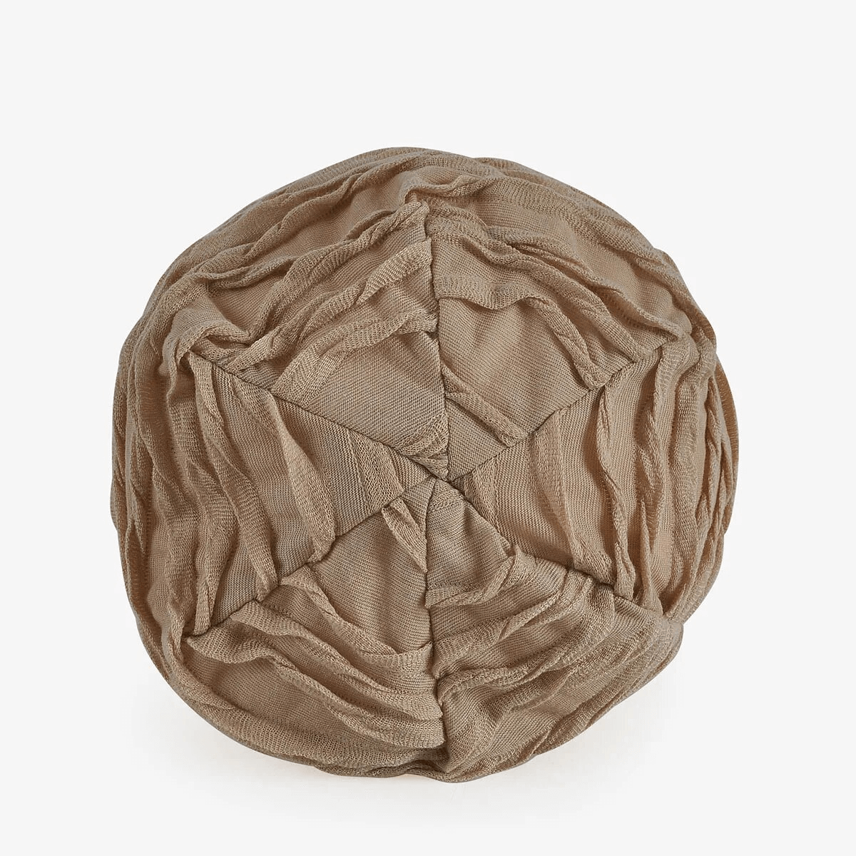 Top view of a beige unisex windproof warm baggy solid beanie, SF1747, made of cotton for outdoor activities.