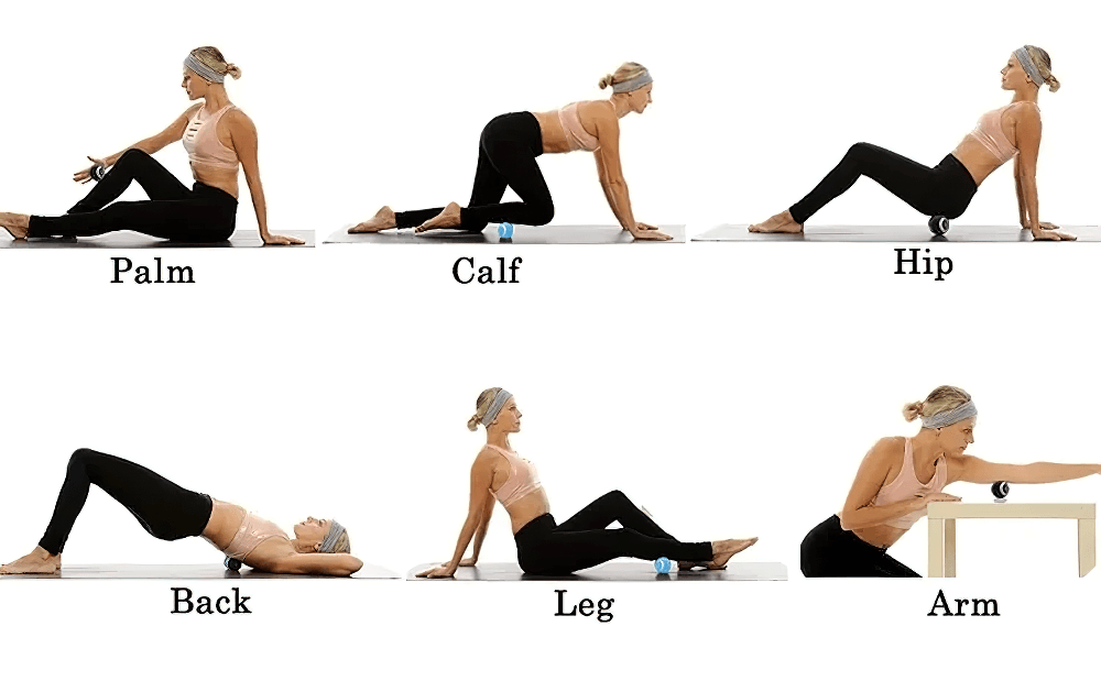 A person demonstrating different exercises using a vibrating massage ball on palm, calf, hip, back, leg, and arm.