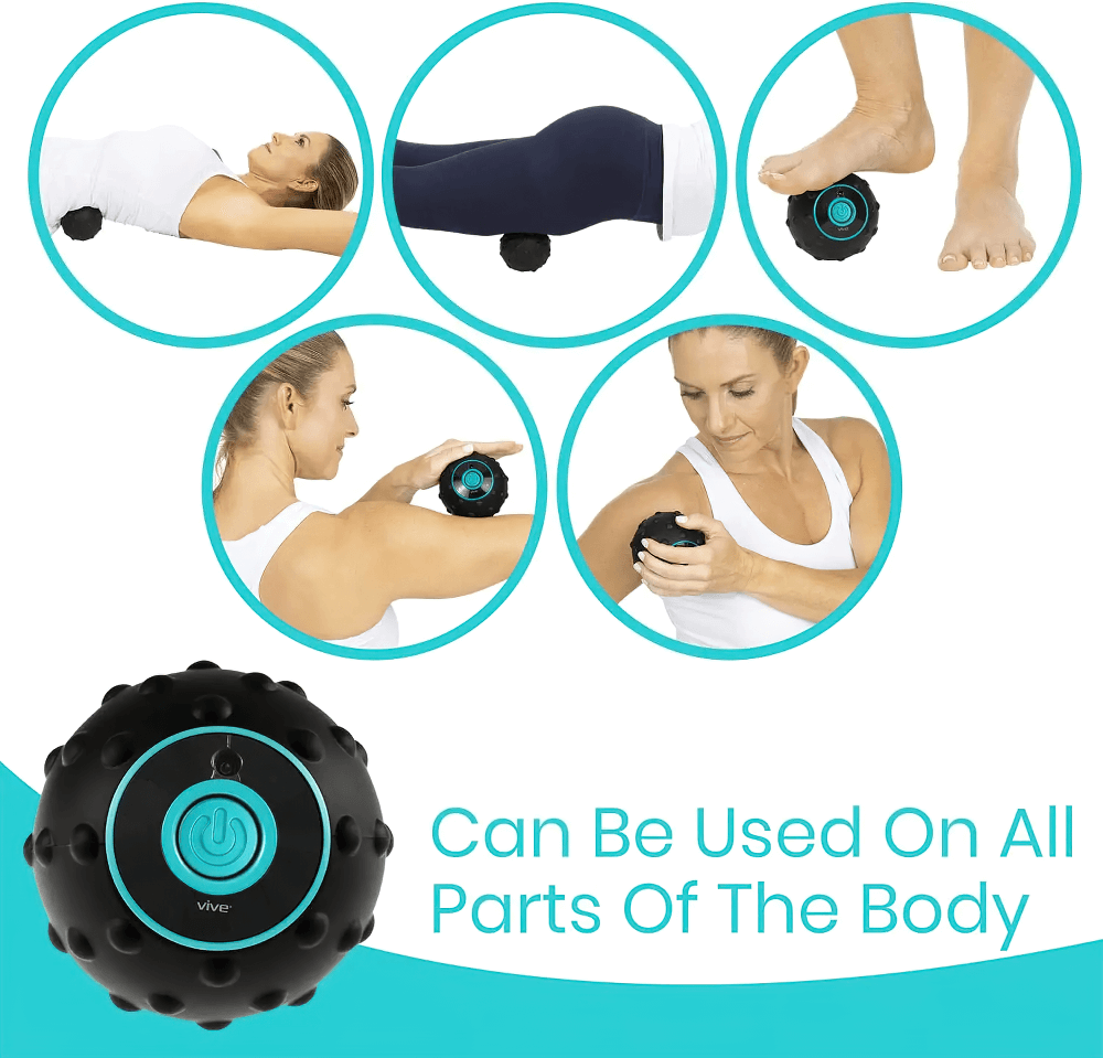 Woman using USB rechargeable vibrating massage ball on various body parts for muscle tension relief.