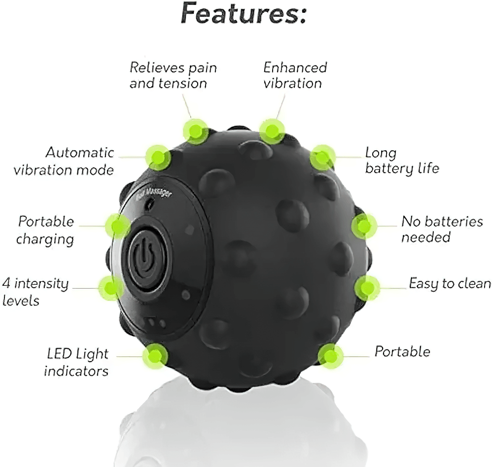 Black USB rechargeable vibrating massage ball with 4 intensity levels, anti-slip texture, and long battery life for muscle relief.