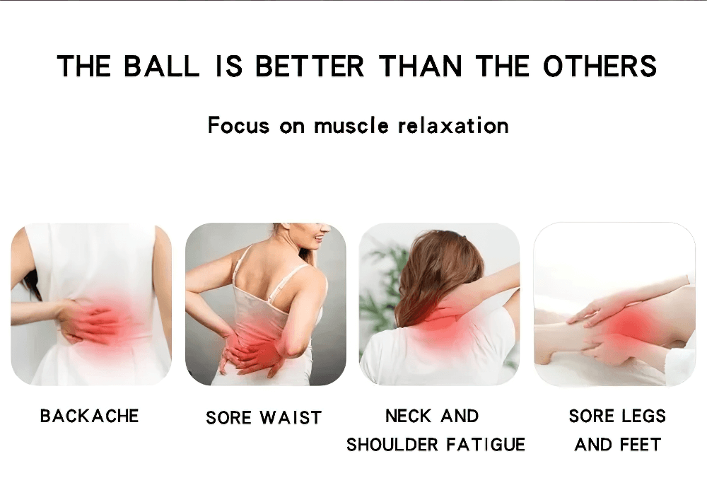 Image showing a vibrating massage ball relieving muscle pain: backache, sore waist, neck and shoulder fatigue, sore legs and feet.