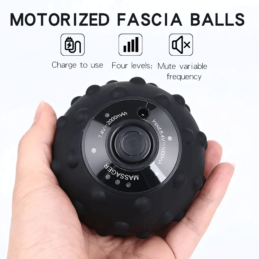 Hand holding USB rechargeable vibrating massage ball with 4 intensity modes for muscle tension relief, anti-slip texture.