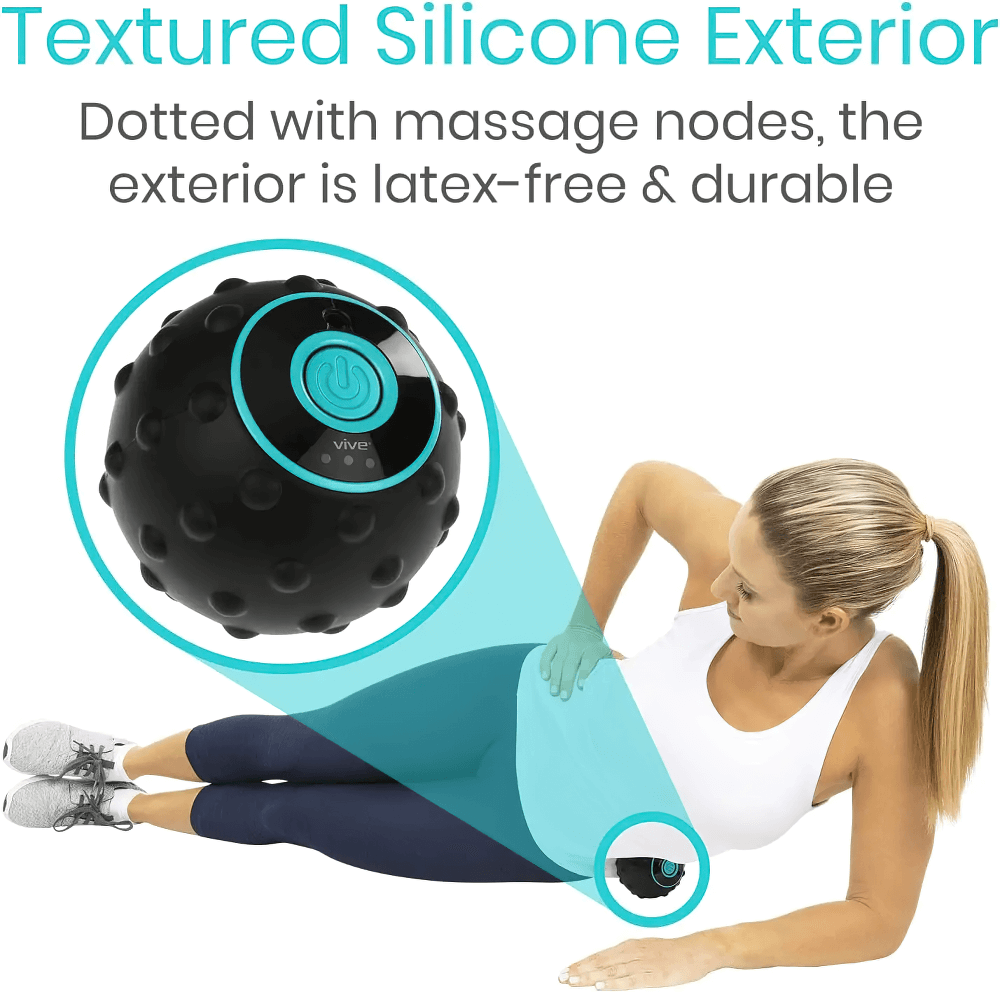 Woman using USB Rechargeable Vibrating Massage Ball with textured silicone exterior for muscle tension relief.