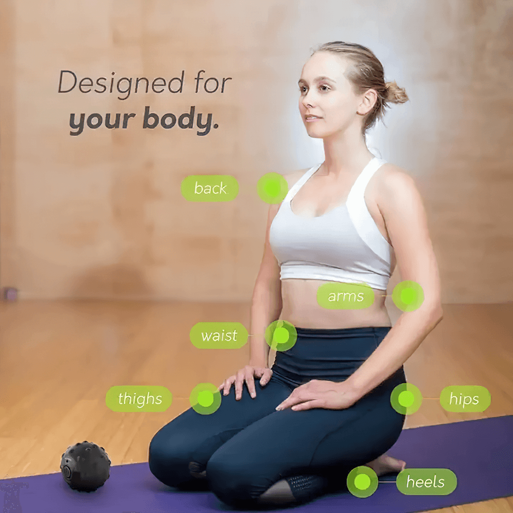 Woman kneeling on yoga mat with vibrating massage ball highlighting body parts for targeted muscle relief.