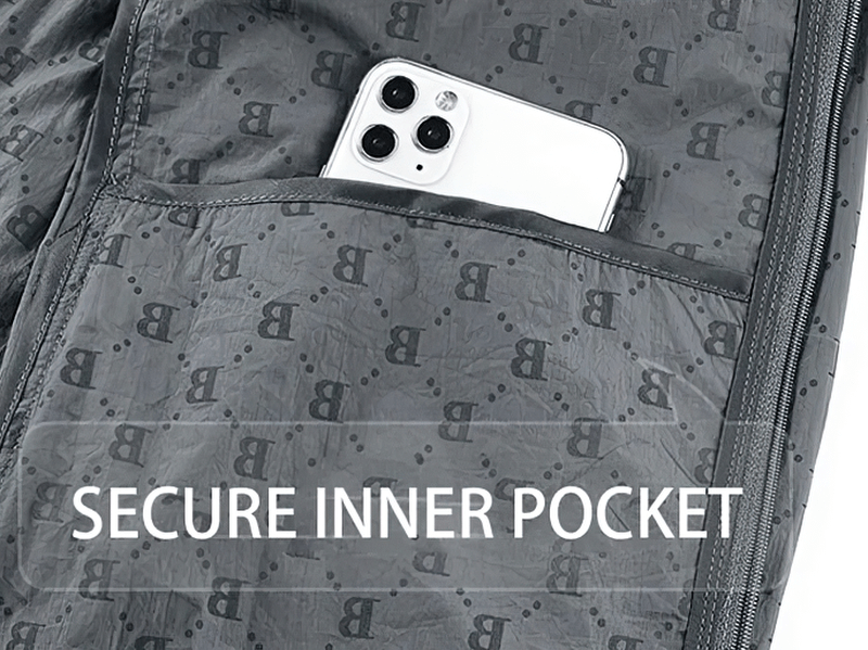 UV sun protection jacket inner pocket holding smartphone with B print, featuring secure zipper closure.