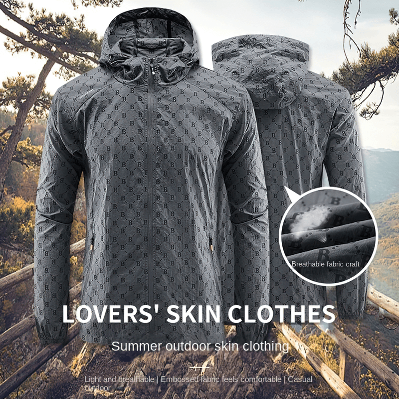 UV sun protection jacket with letter B print, hooded and lightweight, ideal for outdoor activities, breathable and sweat-absorbing.