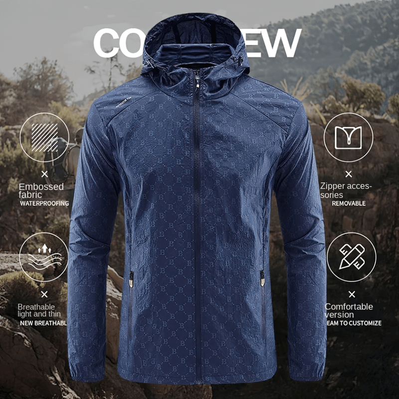 Stylish blue UV protection jacket with letter B print, featuring zipper closure and embossed pattern, perfect for outdoor activities.