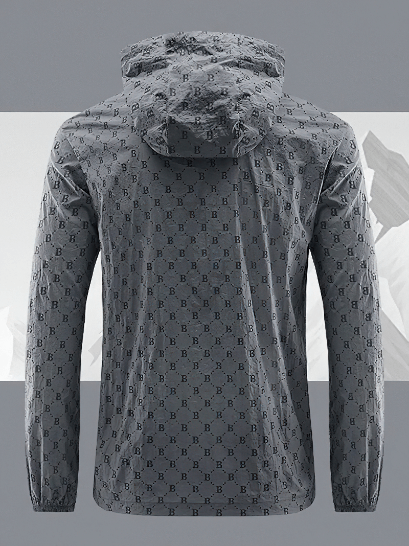 Back view of UV sun protection skin thin jacket with letter B print, gray color, hooded, designed for outdoor comfort and style.