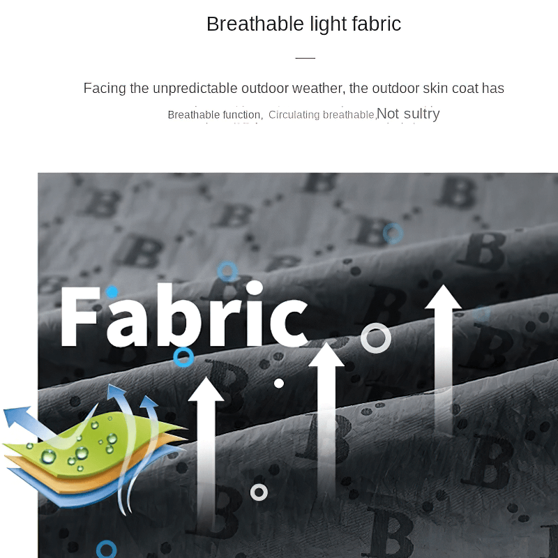 Breathable fabric with letter B print for UV sun protection jacket, highlighting sweat-absorbing and lightweight features.