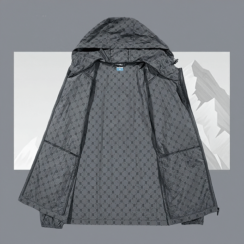 UV Sun Protection Jacket with Letter B Print, lightweight and breathable, UPF 50+, ideal for outdoor adventure.
