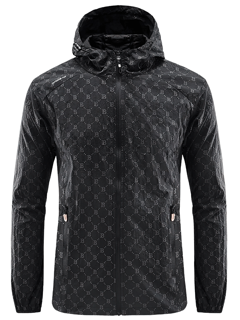 Black UV Sun Protection Jacket with Letter B Print, UPF 50+, made of breathable polyester for outdoor activities, product code SF1671